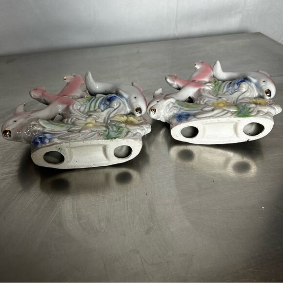 Vintage Set of 2 Iridescent Dolphins At Play Pink Floral Beachy Glass Figurines - Picture 3 of 5